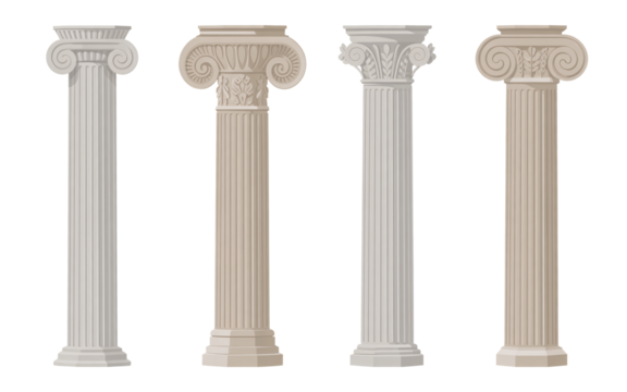 Four classical architectural columns against on transparent background