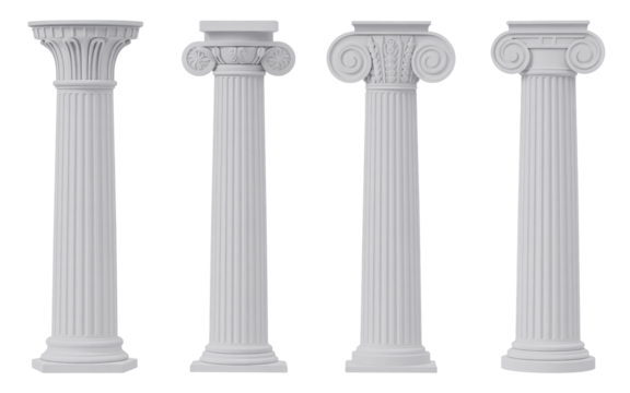 Four classical architectural columns on transparent background