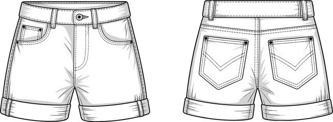 Flat sketch of women’s denim shorts with rolled hem, front and back pockets, ideal for fashion design, apparel, sewing templates.