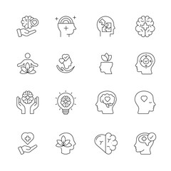Mental Health Icon Set. Vector Illustrations for Psychology, Wellness, Therapy, Stress Relief, Mindfulness, Depression, Counseling, Self Care, Emotional Support, and Mental Wellbeing