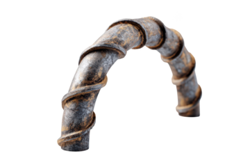 Rusty, curved rebar with a twisted wrap, isolated on black
