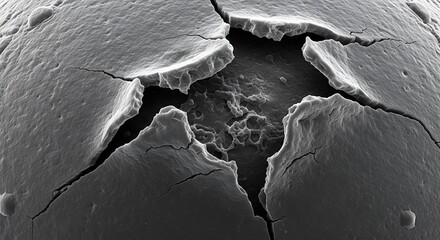 Monochrome electron micrograph of a fractured micro-sphere, revealing the intricate inner core. Abstract concept of decay and structural failure.