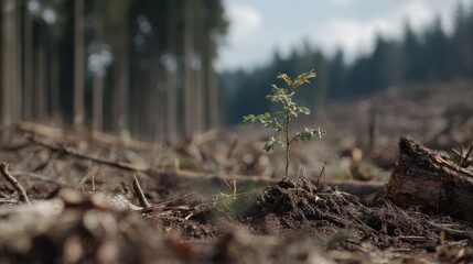 Obraz premium Medium shot of a sapling surrounded by blurred deforested area sharply highlighting natures resilience amid environmental degradation.