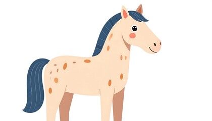 Obraz premium A charming illustration of a light beige horse with dark blue mane and tail, featuring speckled spots and rosy cheeks, presented against a plain white background.