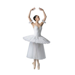 Ballerina performing ballet dance in white tutu dress graceful pose professional dancer artistic expression on transparent background