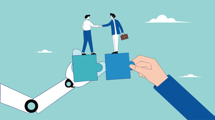 partnership or collaboration to success, teamwork to solve jigsaw puzzle, agreement with corporate, business people shaking hands to connect puzzles together concept vector illustration
