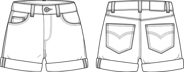 Technical flat sketch of women’s denim shorts with rolled cuffs, front and back pockets, belt loops, perfect for fashion design