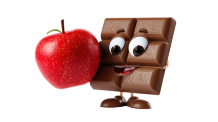 A Whimsical Chocolate Bar Character Holding a Shiny Red Apple A Delightful and Playful Confectionery Scene