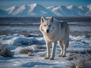 Obraz premium Lone Wolf Standing Against the Snowy Mountains