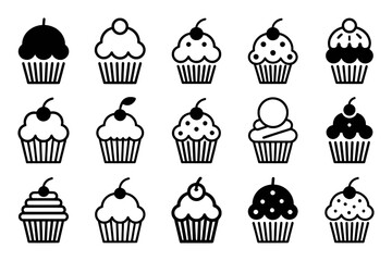 Collection of stylized cupcake icons with cherries and sprinkles