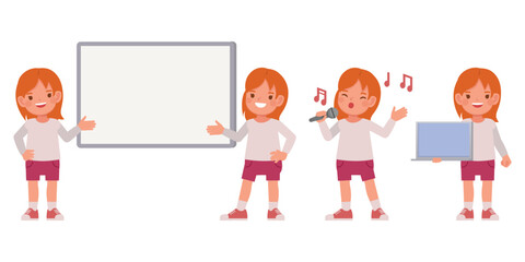 Set of kid girl wear white shirt character vector illustration design. Presentation in various action.