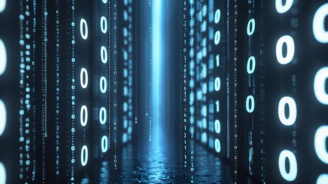 Digital Corridor Binary Code Lights Blue Tunnel Data Network Cyber Room Glow