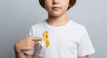 Caucasian boy stands with a yellow ribbon on a white t-shirt, pointing at it. Banner template for childhood cancer awareness month concept and support for disease patients.