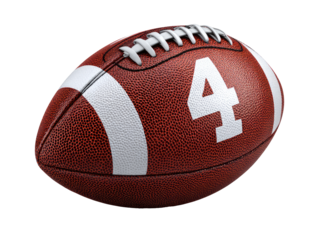 Close-up of a brown American football with the number four