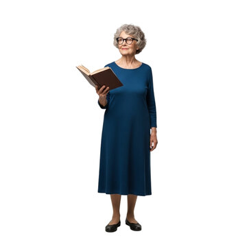 of senior woman reading book wearing glasses and blue dress on isolated studio shot on transparent background