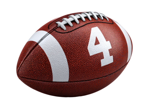 Close-up of a brown American football with the number four
