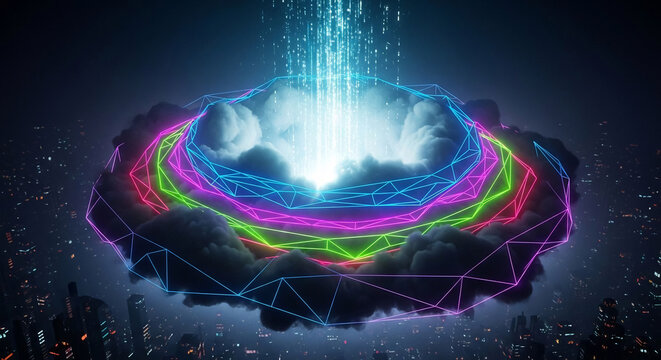 Vibrant Neon Polygonal Rings and Data Stream Over a Futuristic City at Night