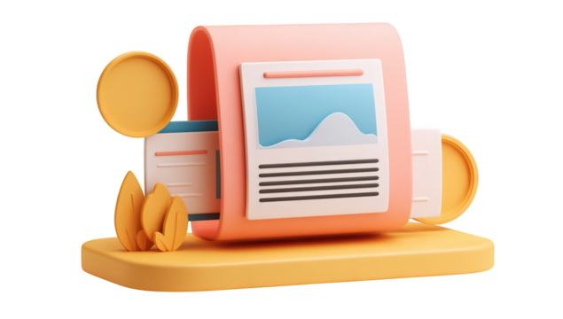 3D stylized graphic of a digital document or presentation, featuring a pink banner, pastel-colored elements, and graphical data, displayed on a yellow platform