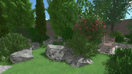 3d image of the landscape design of the home territory. Landscaping of the territory. Computer visualization of composite landscaping and landscaping solutions.