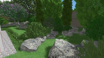 3d image of the landscape design of the home territory. Landscaping of the territory. Computer visualization of composite landscaping and landscaping solutions.