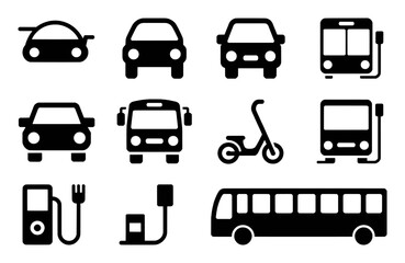 Collection of Transportation Icons: Cars, Buses, Scooters, and Charging Stations