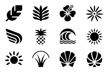 Collection of Tropical and Nature-Inspired Icons: Feather, Palm, Hibiscus, Sun, Wave, Pineapple, Shells