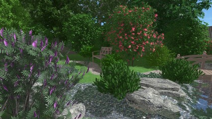 3d image of the landscape design of the home territory. Landscaping of the territory. Computer visualization of composite landscaping and landscaping solutions.