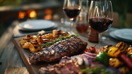 Grilled Steak and Vegetables with Red Wine beef meat photo
