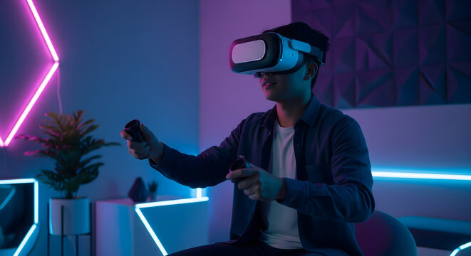 Asian Gamer Playing VR Headset in Neon-lit Modern Room, Futuristic Technology Lifestyle