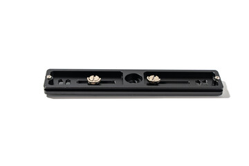 Black quick release plate with two screws, isolated on a white background. Offers flexibility and a secure hold.