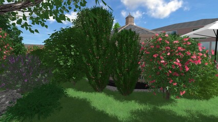 Naklejka premium 3d image of the landscape design of the home territory. Landscaping of the territory. Computer visualization of composite landscaping and landscaping solutions.