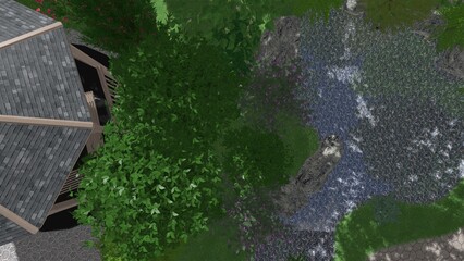 3d image of the landscape design of the home territory. Landscaping of the territory. Computer visualization of composite landscaping and landscaping solutions.