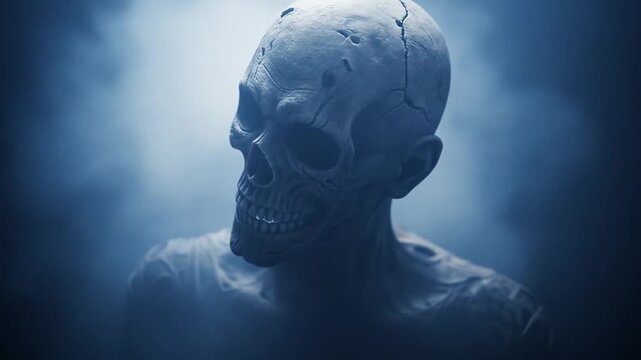 A close-up of a skeletal figure in a foggy, eerie atmosphere.