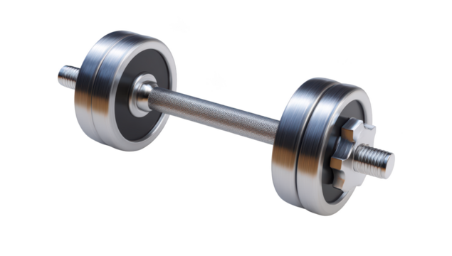 Shiny metal dumbbell isolated against black. Used for weightlifting, exercise, fitness