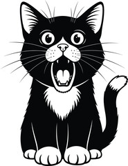 Screaming or yawning black and white tuxedo kitten sitting with its mouth wide open, vector illustration on a white background.