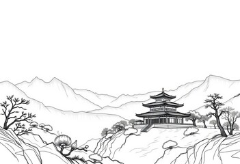 Fototapeta premium Serene mountain temple landscape, sketched in elegant line art style, evoking Asian aesthetics, background, art