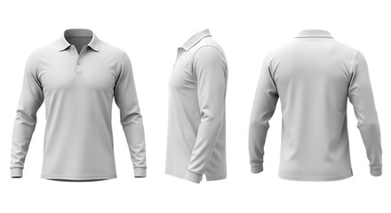  Blank White Long Sleeve Polo Shirt Mockup, Front, Side, and Back View Isolated on transparent background