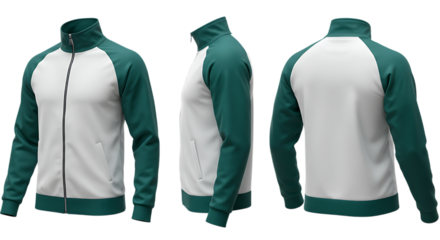 White and green long sleeve jacket mock up, front, back and side view Isolated on transparent background