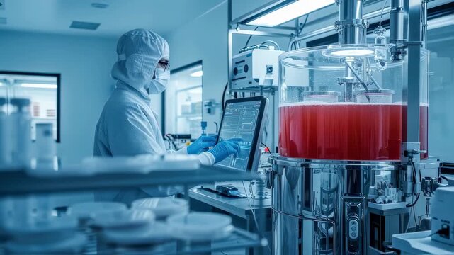 Laboratory technician in full sterile gear operating bioreactor controls during cultured meat harvest in a cleanroom suite designed for precision cultivation.