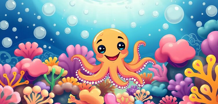 A cheerful cartoon octopus swims among colorful coral reefs and bubbly seaweed,  colorful octopus,  coral