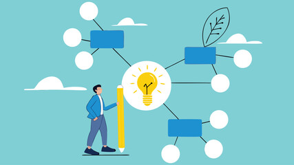 business idea description map, strategy or plan to solve business problems, decision making concept, businessman writing mind map diagram for easy understand concept vector illustration
