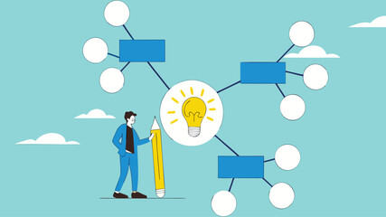 business idea description map, strategy or plan to solve business problems, decision making concept, businessman writing mind map diagram for easy understand concept vector illustration
