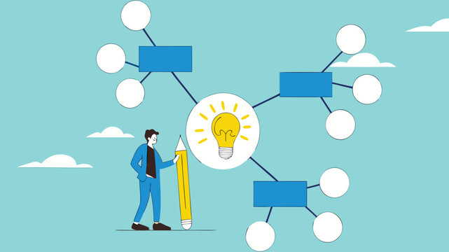 business idea description map, strategy or plan to solve business problems, decision making concept, businessman writing mind map diagram for easy understand concept vector illustration
