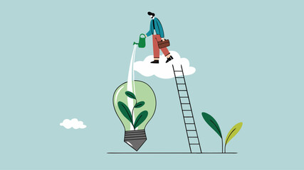 Environmental social and governance, sustainable business, industry using environmentally friendly energy or renewable energy, businessman watering sustainability light bulb vector illustration
