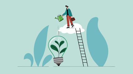 Environmental social and governance, sustainable business, industry using environmentally friendly energy or renewable energy, businessman watering sustainability light bulb vector illustration

