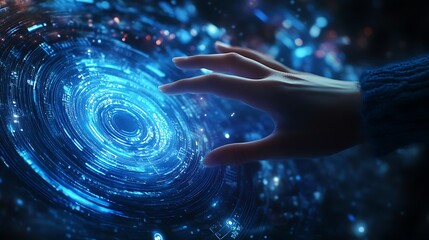 Hand interacting with a bright blue digital spiral interface abstract photo background