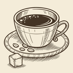 Sketch illustration of coffee cup with sugar cube and coffee beans on saucer for cafe menu or coffee shop branding design