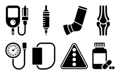 Medical Icons: Blood Pressure Monitor, Syringe, Inhaler, Knee Joint, Warning Sign, Pills