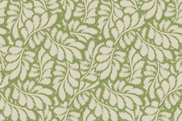 Ikat geometric folklore ornament with Botanical foliage seamless hand-drawn linen-style pattern. Organic leaf natural tone design for a throw pillow, soft furnishing. Modern green home decor. 