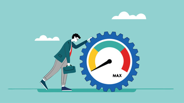 poor work performance concept illustration, laziness at work which prevents a business from developing or growing, sad businessman leaning on cogwheel gear with low productivity level meter
